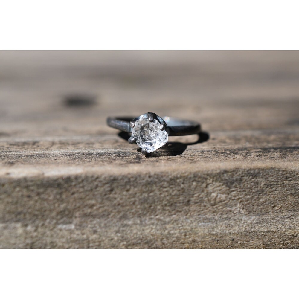 Unique Engagement Ring Pear Shaped Ring Raw Clear Diamond Ring Black Band Ring O